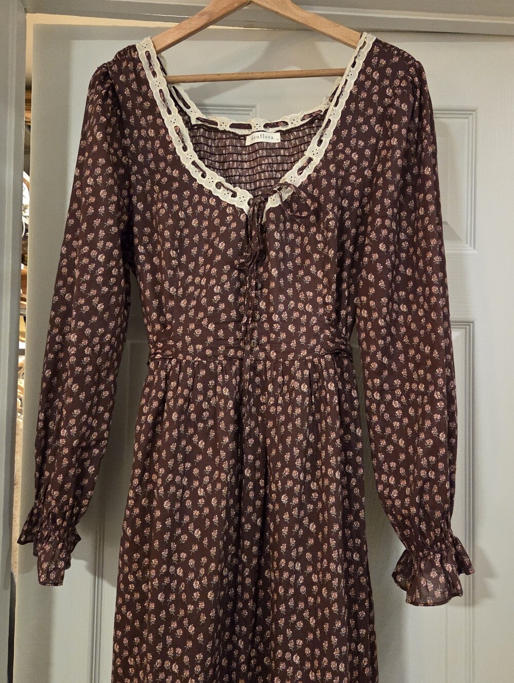 Neuflora Aberdeen Dress Brown floral print maxi dress with lace trim and ruffled